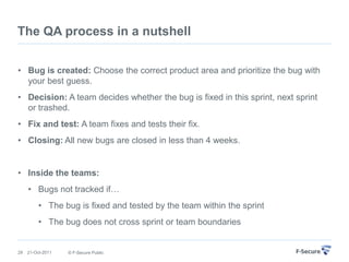 The QA process in a nutshell


• Bug is created: Choose the correct product area and prioritize the bug with
  your best guess.
• Decision: A team decides whether the bug is fixed in this sprint, next sprint
  or trashed.
• Fix and test: A team fixes and tests their fix.
• Closing: All new bugs are closed in less than 4 weeks.


• Inside the teams:
     • Bugs not tracked if…
          • The bug is fixed and tested by the team within the sprint
          • The bug does not cross sprint or team boundaries


29   21-Oct-2011   © F-Secure Public
 