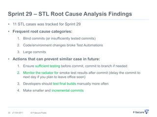 Sprint 29 – STL Root Cause Analysis Findings
• 11 STL cases was tracked for Sprint 29
• Frequent root cause categories:
          1. Blind commits (or insufficiently tested commits)
          2. Code/environment changes broke Test Automations
          3. Large commits

• Actions that can prevent similar case in future:
          1. Ensure sufficient testing before commit, commit to branch if needed
          2. Monitor the radiator for smoke test results after commit (delay the commit to
             next day if you plan to leave office soon)
          3. Developers should test final builds manually more often
          4. Make smaller and incremental commits




33   21-Oct-2011   © F-Secure Public
 