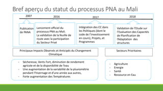 Bref aperçu du statut du processus PNA au Mali
Publication
de PANA
2007 2016
Lancement officiel du
processus PNA au Mali.
...