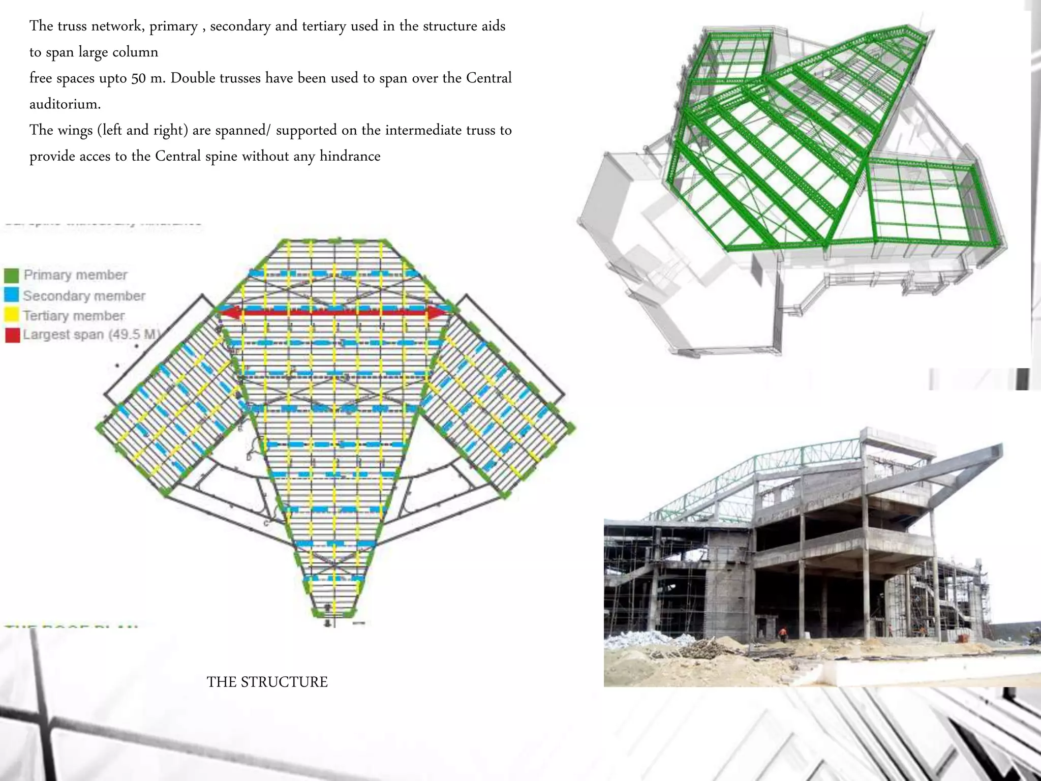 The truss network, primary , secondary and tertiary used in the structure aids
to span large column
free spaces upto 50 m. Double trusses have been used to span over the Central
auditorium.
The wings (left and right) are spanned/ supported on the intermediate truss to
provide acces to the Central spine without any hindrance
THE STRUCTURE
 