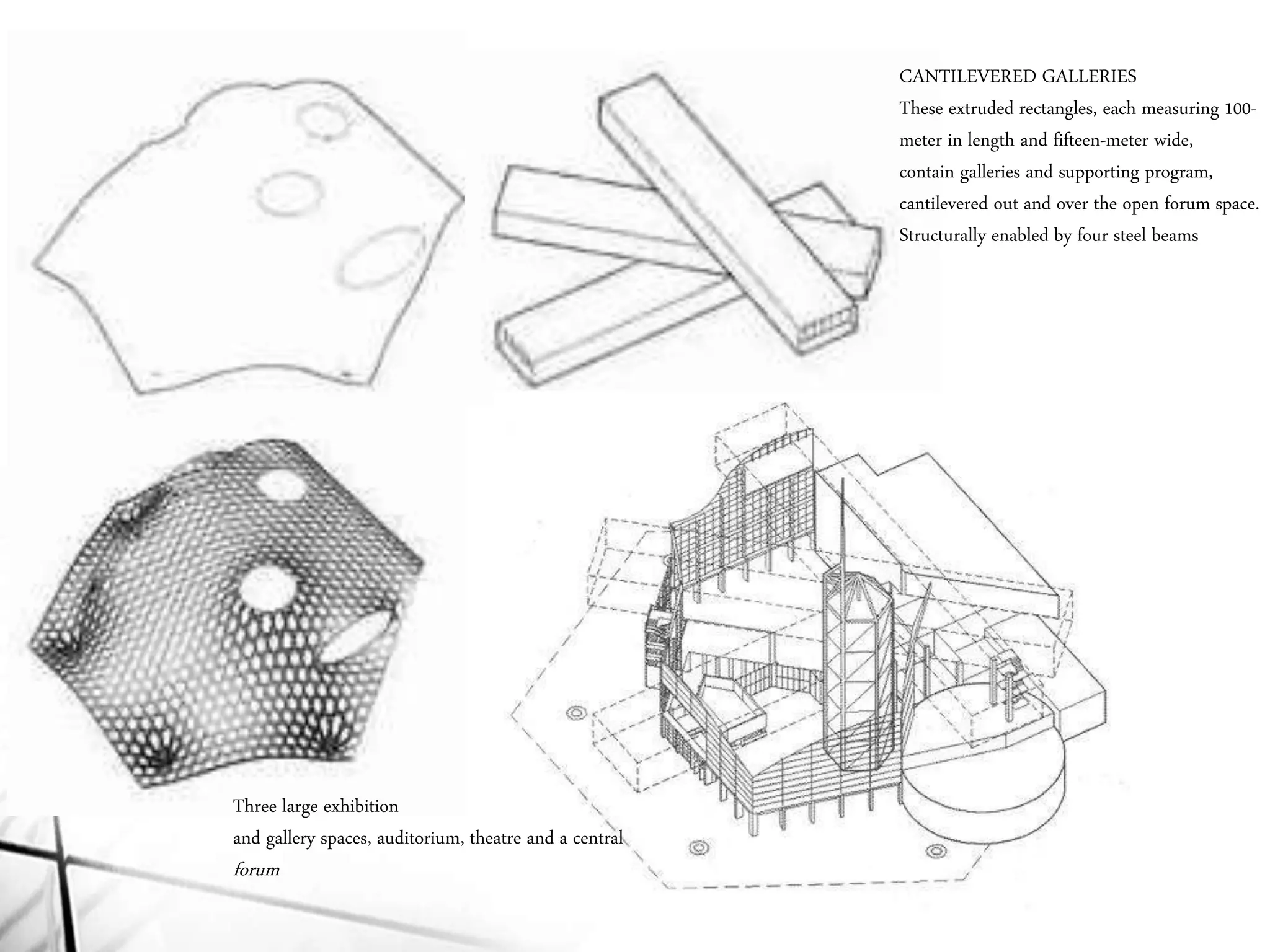 Three large exhibition
and gallery spaces, auditorium, theatre and a central
forum
CANTILEVERED GALLERIES
These extruded rectangles, each measuring 100-
meter in length and fifteen-meter wide,
contain galleries and supporting program,
cantilevered out and over the open forum space.
Structurally enabled by four steel beams
 