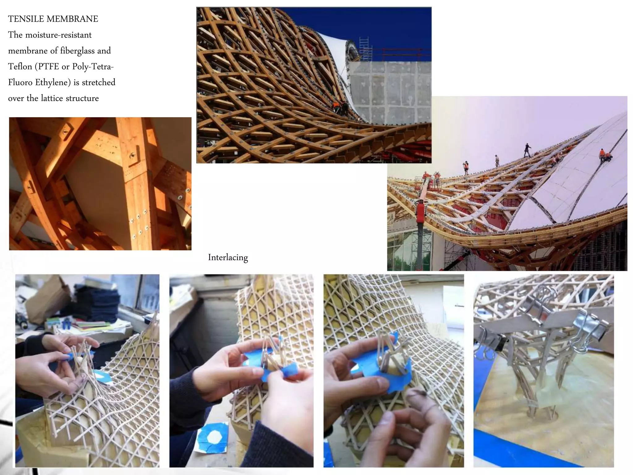 TENSILE MEMBRANE
The moisture-resistant
membrane of fiberglass and
Teflon (PTFE or Poly-Tetra-
Fluoro Ethylene) is stretched
over the lattice structure
Interlacing
 