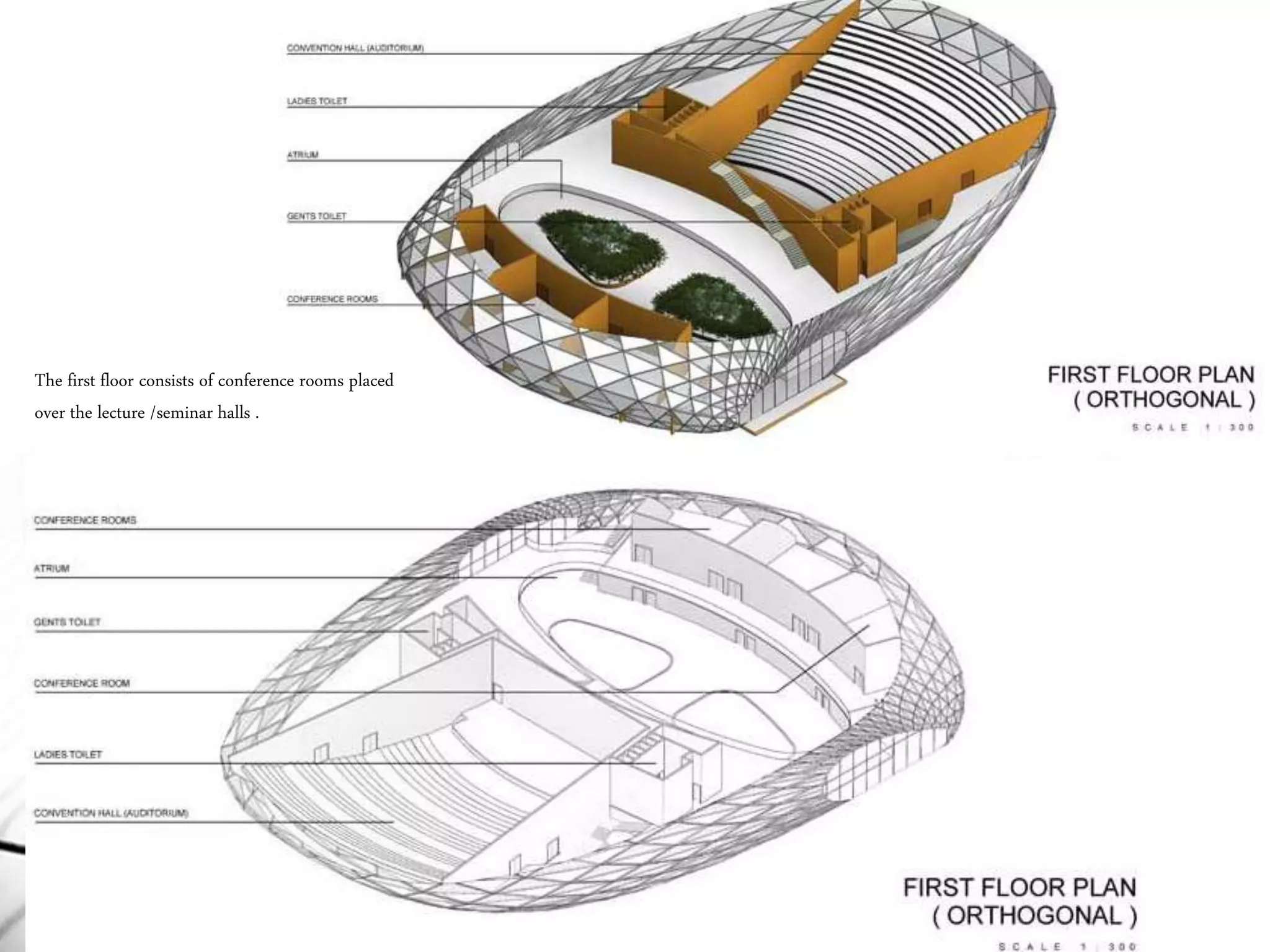 The first floor consists of conference rooms placed
over the lecture /seminar halls .
 