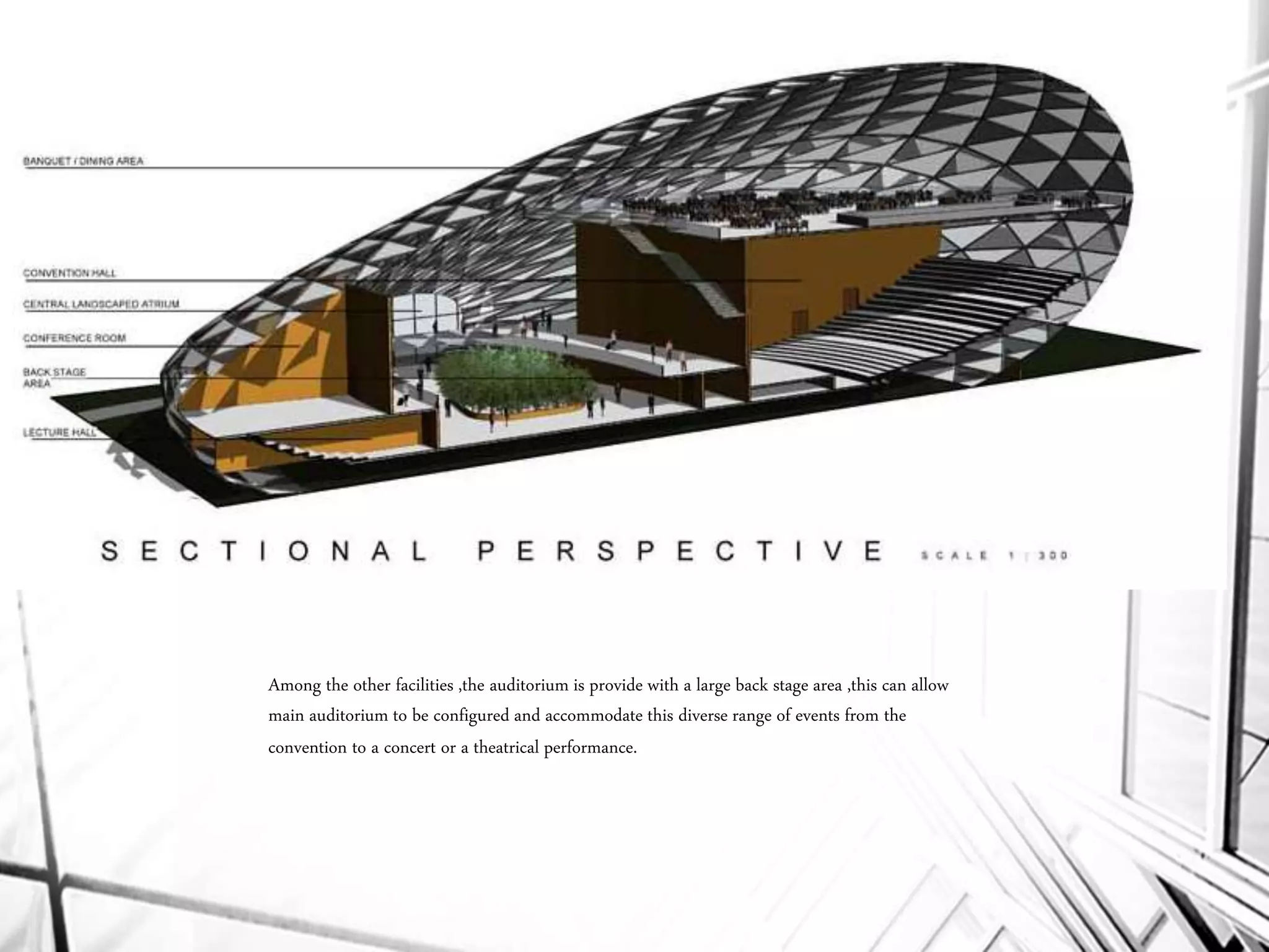 Among the other facilities ,the auditorium is provide with a large back stage area ,this can allow
main auditorium to be configured and accommodate this diverse range of events from the
convention to a concert or a theatrical performance.
 