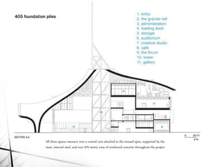 405 foundation piles
All three spaces intersect over a central core attached to the trussed spire, supported by the
mast, internal steel, and over 970 metric tons of reinforced concrete throughout the project
 