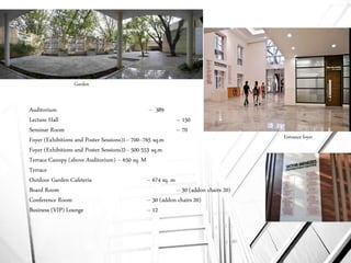 Auditorium -- 389
Lecture Hall – 150
Seminar Room – 70
Foyer (Exhibitions and Poster Sessions)1-- 700--765 sq.m
Foyer (Exhibitions and Poster Sessions)2-- 500-553 sq.m
Terrace Canopy (above Auditorium) -- 650 sq. M
Terrace
Outdoor Garden Cafeteria -- 674 sq. m
Board Room -- 30 (addon chairs 20)
Conference Room -- 30 (addon chairs 20)
Business (VIP) Lounge -- 12
Garden
Entrance foyer
 