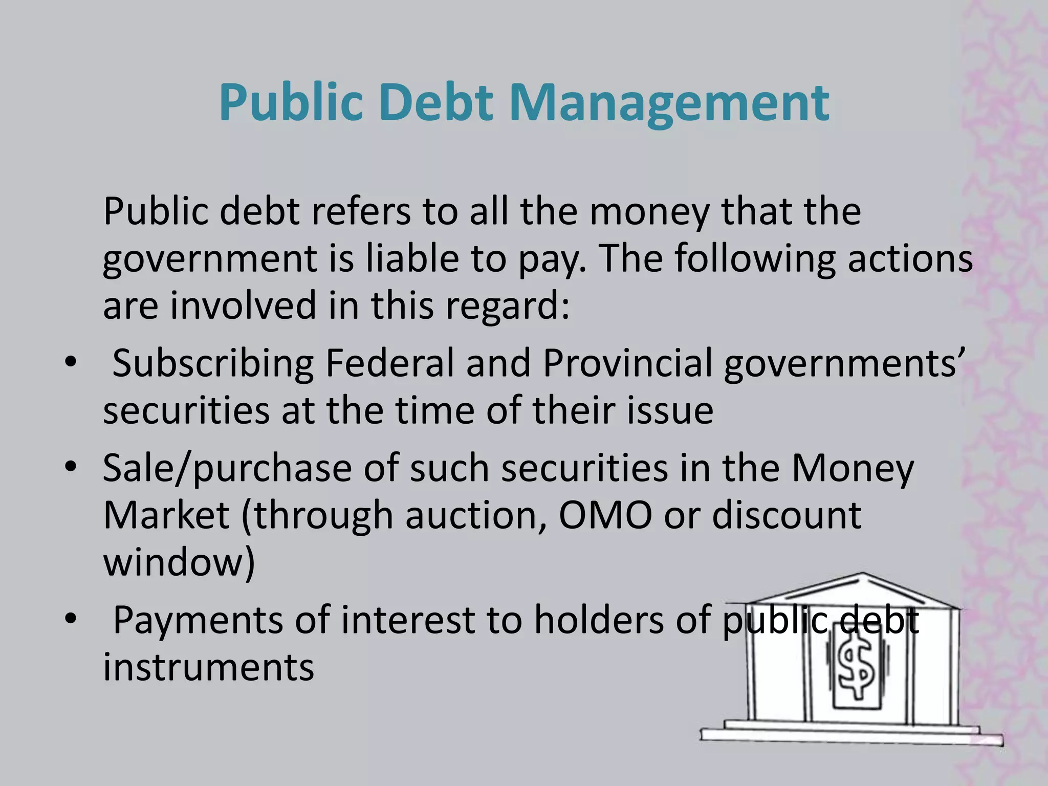 Public Debt Management 
Public debt refers to all the money that the 
government is liable to pay. The following actions 
are involved in this regard: 
• Subscribing Federal and Provincial governments’ 
securities at the time of their issue 
• Sale/purchase of such securities in the Money 
Market (through auction, OMO or discount 
window) 
• Payments of interest to holders of public debt 
instruments 
 