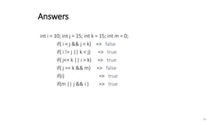 int i = 10; int j = 15; int k = 15; int m = 0;
if( i < j && j < k) => false
if( i != j || k < j) => true
if( j<= k || i > k) => true
if( j == k && m) => false
if(i) => true
if(m || j && i ) => true
Answers
38
 