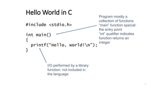 Hello World in C
#include <stdio.h>
int main()
{
printf(“Hello, world!n”);
}
Program mostly a
collection of functions
“main” function special:
the entry point
“int” qualifier indicates
function returns an
integer
I/O performed by a library
function: not included in
the language
5
 