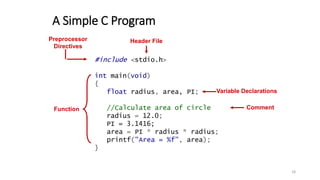 A Simple C Program
#include <stdio.h>
int main(void)
{
float radius, area, PI;
//Calculate area of circle
radius = 12.0;
P...