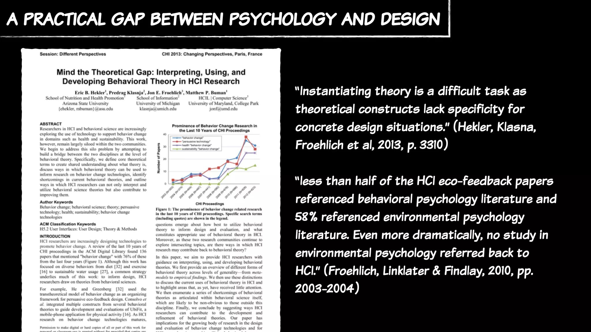 a practical gap between psychology and design
“Instantiating theory is a difficult task as
theoretical constructs lack specificity for
concrete design situations.” (Hekler, Klasna,
Froehlich et al, 2013, p. 3310)
“less than half of the HCI eco-feedback papers
referenced behavioral psychology literature and
58% referenced environmental psychology
literature. Even more dramatically, no study in
environmental psychology referred back to
HCI.” (Froehlich, Linklater & Findlay, 2010, pp.
2003-2004)
 