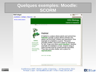 Quelques exemples: Moodle:
          SCORM




 Conférence AWT: Atelier outils e-learning – 10 Novembre 2011
   Arnaud Ligot <arnaud@cblue.be> http://www.cblue.be/
 