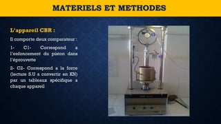L’appareil CBR :
Il comporte deux comparateur :
1- C1- Correspond a
l’enfoncement du piston dans
l’éprouvette
2- C2- Correspond a la force
(lecture S.U a convertir en KN)
par un tableaux spécifique a
chaque appareil
MATERIELS ET METHODES
 