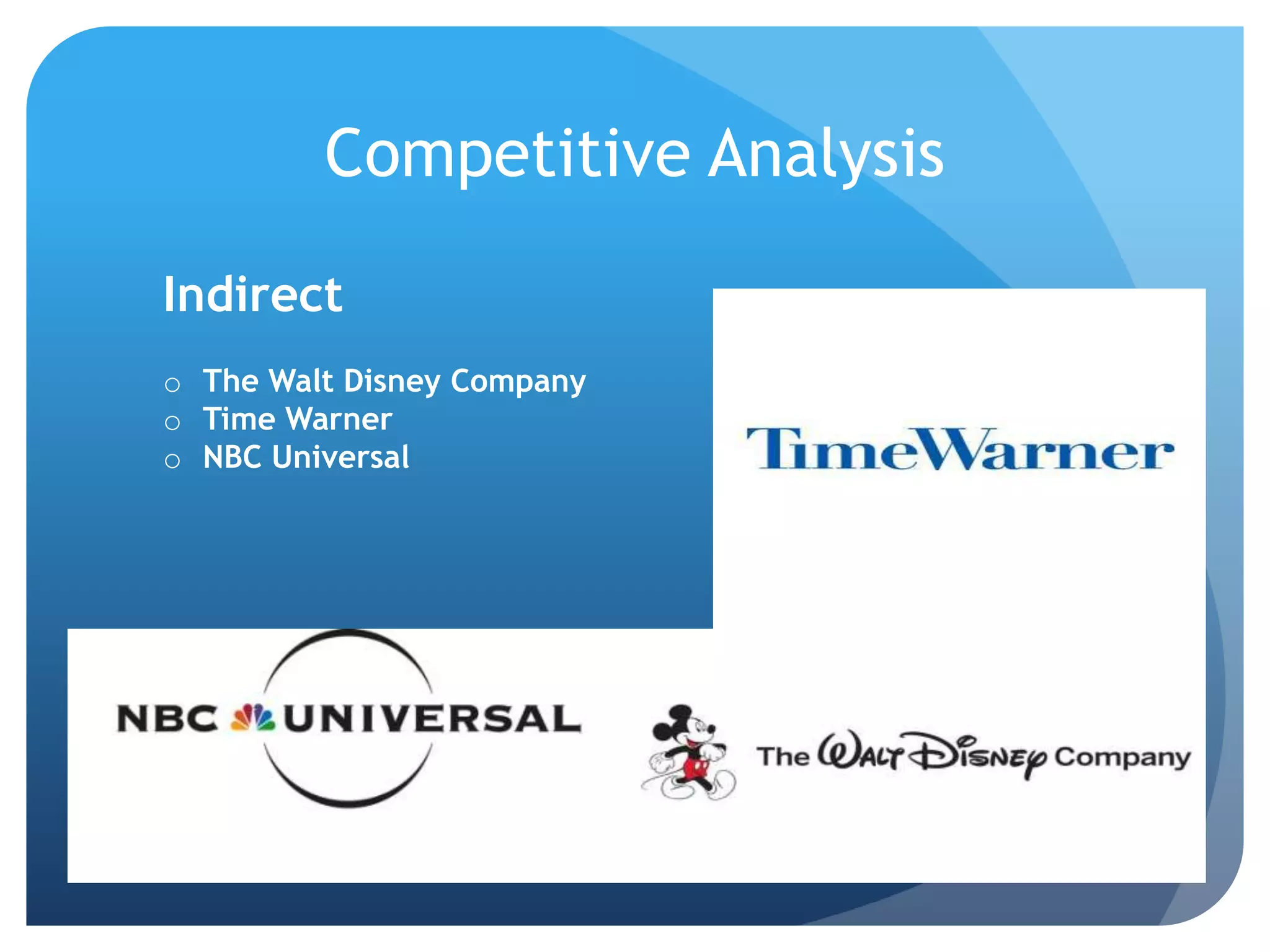 Competitive Analysis
Indirect
o The Walt Disney Company
o Time Warner
o NBC Universal
 