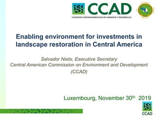 Enabling environment for investments in
landscape restoration in Central America
Salvador Nieto, Executive Secretary
Central American Commission on Environment and Development
(CCAD)
Luxembourg, November 30th 2019
 