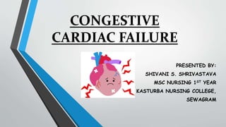 CONGESTIVE
CARDIAC FAILURE
PRESENTED BY:
SHIVANI S. SHRIVASTAVA
MSC NURSING 1ST YEAR
KASTURBA NURSING COLLEGE,
SEWAGRAM
 