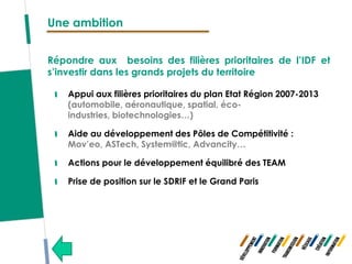 Une ambition


Répondre aux besoins des filières prioritaires de l’IDF et
s’investir dans les grands projets du territoire

    Appui aux filières prioritaires du plan Etat Région 2007-2013
    (automobile, aéronautique, spatial, éco-
    industries, biotechnologies…)

    Aide au développement des Pôles de Compétitivité :
    Mov’eo, ASTech, System@tic, Advancity…

    Actions pour le développement équilibré des TEAM

    Prise de position sur le SDRIF et le Grand Paris
 