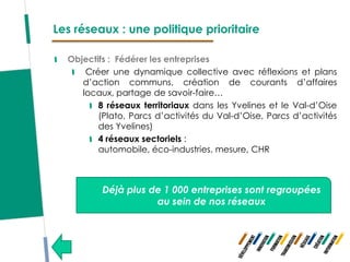 Les réseaux : une politique prioritaire

  Objectifs : Fédérer les entreprises
      Créer une dynamique collective avec réflexions et plans
     d’action communs, création de courants d’affaires
     locaux, partage de savoir-faire…
         8 réseaux territoriaux dans les Yvelines et le Val-d’Oise
         (Plato, Parcs d’activités du Val-d’Oise, Parcs d’activités
         des Yvelines)
         4 réseaux sectoriels :
         automobile, éco-industries, mesure, CHR



          Déjà plus de 1 000 entreprises sont regroupées
                     au sein de nos réseaux
 