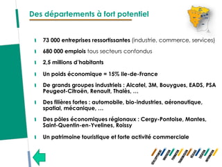 Des départements à fort potentiel


   73 000 entreprises ressortissantes (industrie, commerce, services)
   680 000 emplois tous secteurs confondus
   2,5 millions d’habitants

   Un poids économique = 15% Ile-de-France
   De grands groupes industriels : Alcatel, 3M, Bouygues, EADS, PSA
   Peugeot-Citroën, Renault, Thalès, …
   Des filières fortes : automobile, bio-industries, aéronautique,
   spatial, mécanique, …
   Des pôles économiques régionaux : Cergy-Pontoise, Mantes,
   Saint-Quentin-en-Yvelines, Roissy

   Un patrimoine touristique et forte activité commerciale
 