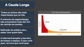 A Cauda LongaTodos os nichos são mais importantes que os hits.O extremo da segmentação, não precisamos mais dar tiro de canhão em pombo.Definição de público alvo , saber com quem falar.A Internet transpõe a barreira do tempo e espaço. O que você quer, na hora que você quer. 