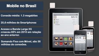 Mobile no BrasilConexão média: 1.3 megabites20,6 milhões de SmartphonesAcesso a Banda Larga 3G cresceu 85% em 2010 em relação ao ano anterior.Somando Fixa com Móvel, são 36 milhões de conexões.