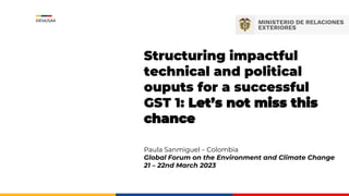 Structuring impactful
technical and political
ouputs for a successful
GST 1: Let’s not miss this
chance
Paula Sanmiguel – Colombia
Global Forum on the Environment and Climate Change
21 – 22nd March 2023
DIESA/GAA
 
