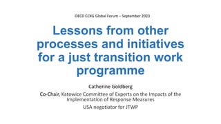Lessons from other
processes and initiatives
for a just transition work
programme
Catherine Goldberg
Co-Chair, Katowice Committee of Experts on the Impacts of the
Implementation of Response Measures
USA negotiator for JTWP
OECD CCXG Global Forum – September 2023
 