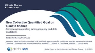 Climate Change
Expert Group
New Collective Quantified Goal on
climate finance
Considerations relating to transparency and data
availability
___________________
Marcia Rocha (CCXG/OECD)
Global Forum on the Environment and Climate Change | 12.09.2023
Based on “Draft technical discussion note: Possible approaches and options for selected elements of the New
Collective Quantified Goal on climate finance” Falduto C., Jachnik R., Rocha M., Watson C. (2023, draft)
 
