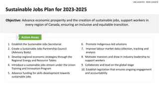 UNCLASSIFIED - NON CLASSIFIÉ
Objective: Advance economic prosperity and the creation of sustainable jobs, support workers in
every region of Canada, ensuring an inclusive and equitable transition.
Sustainable Jobs Plan for 2023-2025
1. Establish the Sustainable Jobs Secretariat
2. Create a Sustainable Jobs Partnership Council
(Advisory Body)
3. Develop regional economic strategies through the
Regional Energy and Resource Tables
4. Introduce a sustainable jobs stream under the Union
Training and Innovation Program
5. Advance funding for skills development towards
sustainable jobs
Action Areas
6. Promote Indigenous-led solutions
7. Improve labour market data collection, tracking and
analysis
8. Motivate investors and draw in industry leadership to
support workers
9. Collaborate and lead on the global stage
10. Establish legislation that ensures ongoing engagement
and accountability
 