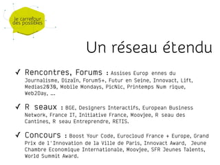 ✓ Rencontres, Forums : Assises Européennes du
Journalisme, Dizaïn, Forum5+, Futur en Seine, Innovact, Lift,
Medias2030, Mobile Mondays, PicNic, Printemps Numérique,
Web2Day, ...
✓ Réseaux : BGE, Designers Interactifs, European Business
Network, France IT, Initiative France, Moovjee, Réseau des
Cantines, Réseau Entreprendre, RETIS.
✓ Concours : Boost Your Code, Eurocloud France + Europe, Grand
Prix de l'Innovation de la Ville de Paris, Innovact Award, Jeune
Chambre Economique Internationale, Moovjee, SFR Jeunes Talents,
World Summit Award.
Un réseau étendu
 