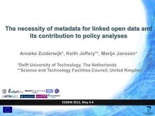The necessity of metadata for linked open data and
        its contribution to policy analyses

     Anneke Zuiderwijk*, Keith Jeffery**, Marijn Janssen*

    *Delft University of Technology, The Netherlands
    **Science and Technology Facilities Council, United Kingdom




                         CEDEM 2012, May 3-4
 