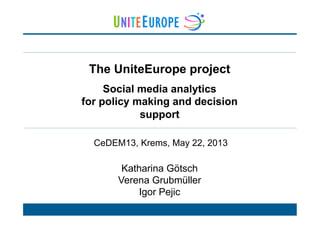 Katharina Götsch
Verena Grubmüller
Igor Pejic
The UniteEurope project
Social media analytics
for policy making and decision
support
CeDEM13, Krems, May 22, 2013
 
