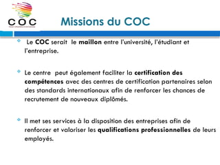 Missions du COC
 Le COC serait le maillon entre l’université, l’étudiant et
l’entreprise.
 Le centre peut également faciliter la certification des
compétences avec des centres de certification partenaires selon
des standards internationaux afin de renforcer les chances de
recrutement de nouveaux diplômés.
 Il met ses services à la disposition des entreprises afin de
renforcer et valoriser les qualifications professionnelles de leurs
employés.
 