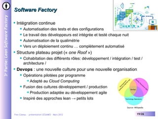 Software Factory
3e Partie: Lean Software Factory



                                      Intégration continue
                                           Automatisation des tests et des configurations
                                           Le travail des développeurs est intégrée et testé chaque nuit
                                           Automatisation de la qualimétrie
                                           Vers un déploiement continu … complètement automatisé
                                      Structure plateau projet (« one Roof »)
                                           Cohabitation des différents rôles: développement / intégration / test /
                                            architecture /
                                      Devops : une nouvelle culture pour une nouvelle organisation
                                           Opérations pilotées par programme
                                               Adapté au Cloud Computing

                                           Fusion des cultures développement / production
                                               Production adaptée au développement agile

                                           Inspiré des approches lean → petits lots

                                                                                                         Source: Wikipedia


                                   Yves Caseau - présentation CESAMES – Mars 2012                                  19/26
 