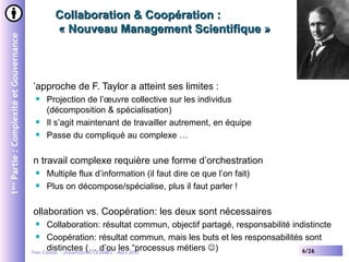 Collaboration & Coopération :
                                                 « Nouveau Management Scientifique »
1ère Partie : Complexité et Gouvernance




                                          ’approche de F. Taylor a atteint ses limites :
                                              Projection de l’œuvre collective sur les individus
                                               (décomposition & spécialisation)
                                              Il s’agit maintenant de travailler autrement, en équipe
                                              Passe du compliqué au complexe …

                                          n travail complexe requière une forme d’orchestration
                                              Multiple flux d’information (il faut dire ce que l’on fait)
                                              Plus on décompose/spécialise, plus il faut parler !

                                          ollaboration vs. Coopération: les deux sont nécessaires
                                                Collaboration: résultat commun, objectif partagé, responsabilité indistincte
                                             Coopération: résultat commun, mais les buts et les responsabilités sont

                                                 distinctes (… d’ou les “processus métiers )
                                          Yves Caseau - présentation CESAMES – Mars 2012                             6/26
 