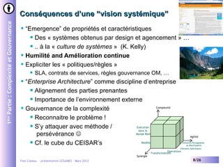 Conséquences d’une “vision systémique”
1ère Partie : Complexité et Gouvernance


                                             “Emergence” de propriétés et caractéristiques
                                                 Des « systèmes obtenus par design et agencement » …

                                                 .. à la « culture de systèmes » (K. Kelly)

                                             Humilité and Amélioration continue
                                             Expliciter les « politiques/règles »
                                                   SLA, contrats de services, règles gouvernance OM, …
                                             “Enterprise Architecture” comme discipline d’entreprise
                                                 Alignement des parties prenantes

                                                 Importance de l’environnement externe

                                             Gouvernance de la complexité                       Complexité


                                                 Reconnaitre le problème !

                                                 S’y attaquer avec méthode /          Exécution
                                                                                        dans le
                                                   persévérance                      Monde Réel
                                                                                                                                    Agilité

                                                 Cf. le cube du CEISAR’s                 Modèle                             Eléments Partageables
                                                                                                                                ou Réutilisables
                                                                                                                           Eléments Spécifiques
                                                                                                                  Operations
                                                                                                      Transformations
                                                                                           Synergie
                                          Yves Caseau - présentation CESAMES – Mars 2012                                              8/26
 
