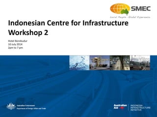 INDONESIA
INFRASTRUCTURE
INITIATIVE
Indonesian Centre for Infrastructure
Workshop 2
Hotel Borobudur
10 July 2014
2pm to 7 pm
 