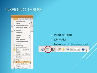 INSERTING TABLES
 Insert >> Table
 Ctrl + F12
 Table icon in the standard
toolbar.
 