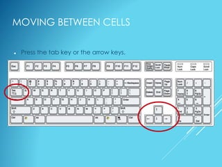 MOVING BETWEEN CELLS
 Press the tab key or the arrow keys.
 