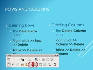 ROWS AND COLUMNS
 Deleting Columns
 The Delete Column
icon
 Right-click >>
Column >> Delete
 Table >> Delete >>
Column
 Deleting Rows
 The Delete Row
icon
 Right-click >> Row
>> Delete
 Table >> Delete >>
Row
 