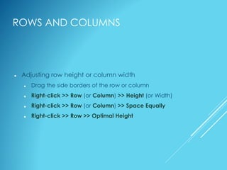 ROWS AND COLUMNS
 Adjusting row height or column width
 Drag the side borders of the row or column
 Right-click >> Row (or Column) >> Height (or Width)
 Right-click >> Row (or Column) >> Space Equally
 Right-click >> Row >> Optimal Height
 