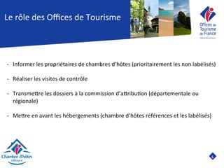 6	

Le	
  rôle	
  des	
  Oﬃces	
  de	
  Tourisme	
  
-­‐  Informer	
  les	
  propriétaires	
  de	
  chambres	
  d’hôtes	
  (prioritairement	
  les	
  non	
  labélisés)	
  
-­‐  Réaliser	
  les	
  visites	
  de	
  contrôle	
  	
  
-­‐  TransmeJre	
  les	
  dossiers	
  à	
  la	
  commission	
  d’aJribu8on	
  (départementale	
  ou	
  
régionale)	
  
-­‐  MeJre	
  en	
  avant	
  les	
  hébergements	
  (chambre	
  d’hôtes	
  références	
  et	
  les	
  labélisés)	
  
	
  	
  
 