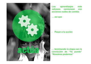 Los     aprendizajes    más
valiosos   comienzan    con
acciones reales de cambio

… así que




-   Pasan a la acción




… terminando la etapa con la
convicción de “Yo puedo”
“Nosotros podemos”
 