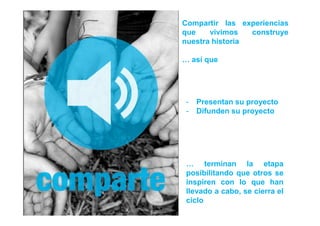 Compartir las experiencias
que    vivimos   construye
nuestra historia

… así que




 -   Presentan su proyecto
 -   Difunden su proyecto




 … terminan la etapa
 posibilitando que otros se
 inspiren con lo que han
 llevado a cabo, se cierra el
 ciclo
 