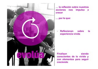 … la reflexión sobre nuestras
acciones nos impulsa a
crecer

… por lo que:




 -   Reflexionan     sobre   la
     experiencia vivida




 Finalizan           siendo
 conscientes de lo vivido y
 con elementos para seguir
 creciendo
 