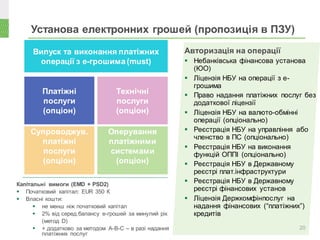 Установа електронних грошей (пропозиція в ПЗУ)
20
Авторизація на операції
 Небанківська фінансова установа
(ЮО)
 Ліцензія НБУ на операції з е-
грошима
 Право надання платіжних послуг без
додаткової ліцензії
 Ліцензія НБУ на валюто-обмінні
операції (опціонально)
 Реєстрація НБУ на управління або
членство в ПС (опціонально)
 Реєстрація НБУ на виконання
функцій ОППІ (опціонально)
 Реєстрація НБУ в Державному
реєстрі плат.інфраструктури
 Реєстрація НБУ в Державному
реєстрі фінансових установ
 Ліцензія Держкомфінпослуг на
надання фінансових (“платіжних”)
кредитів
Платіжні
послуги
(опціон)
Супроводжув.
платіжні
послуги
(опціон)
Технічні
послуги
(опціон)
Оперування
платіжними
системами
(опціон)
Капітальні вимоги (EMD + PSD2)
 Початковий капітал: EUR 350 К
 Власні кошти:
 не менш ніж початковий капітал
 2% від серед.балансу е-грошей за минулий рік
(метод D)
 + додатково за методом А-В-С – в разі надання
платіжних послуг
Випуск та виконання платіжних
операції з е-грошима (must)
 