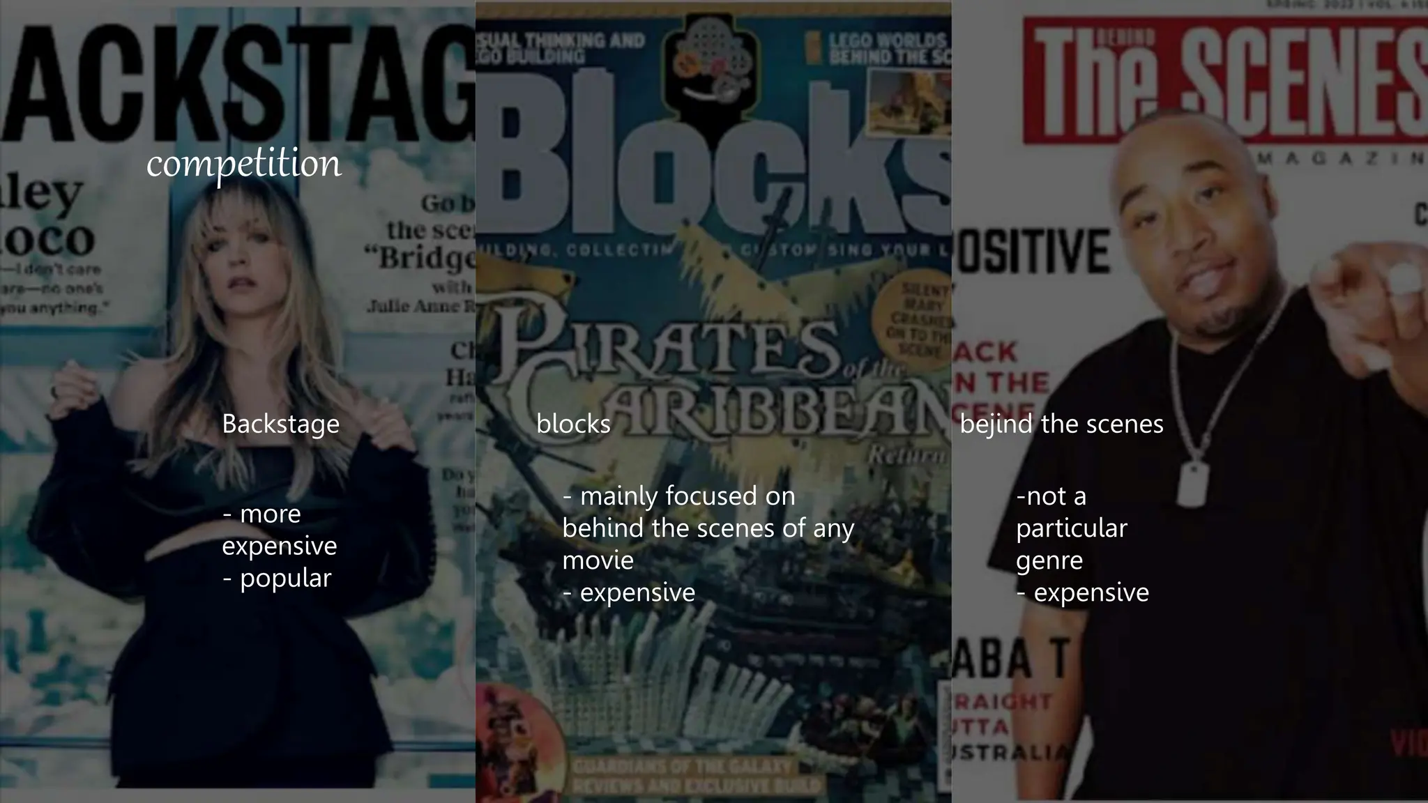 competition
Backstage blocks bejind the scenes
- more
expensive
- popular
- mainly focused on
behind the scenes of any
movie
- expensive
-not a
particular
genre
- expensive
 