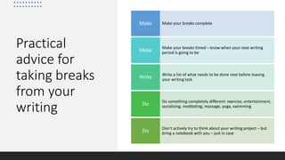 Practical
advice for
taking breaks
from your
writing
Make your breaks completeMake
Make your breaks timed – know when your next writing
period is going to beMake
Write a list of what needs to be done next before leaving
your writing taskWrite
Do something completely different: exercise, entertainment,
socializing, meditating, massage, yoga, swimmingDo
Don’t actively try to think about your writing project – but
bring a notebook with you – just in caseDo
 