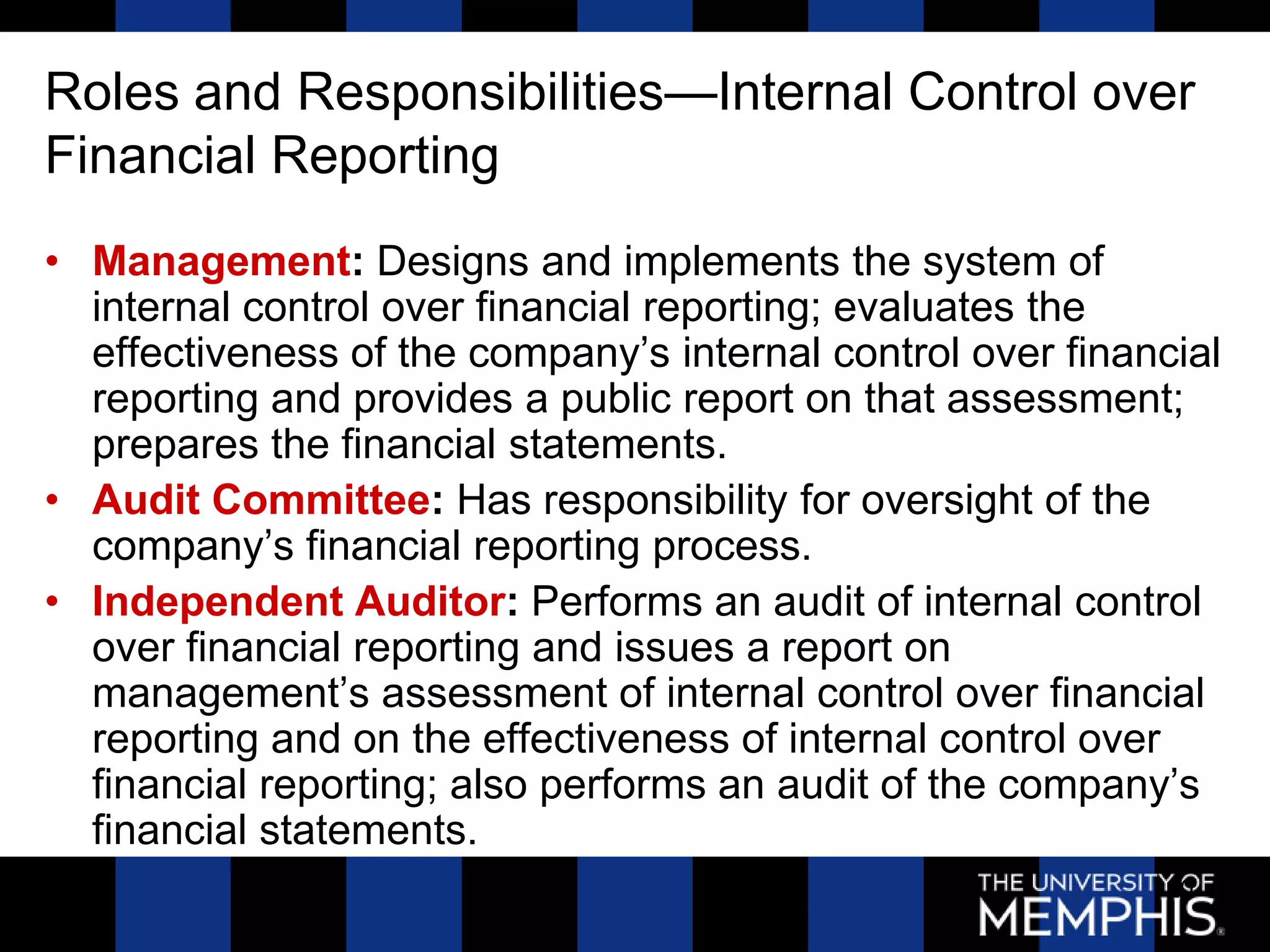 Roles and Responsibilities—Internal Control over
Financial Reporting
• Management: Designs and implements the system of
  internal control over financial reporting; evaluates the
  effectiveness of the company’s internal control over financial
  reporting and provides a public report on that assessment;
  prepares the financial statements.
• Audit Committee: Has responsibility for oversight of the
  company’s financial reporting process.
• Independent Auditor: Performs an audit of internal control
  over financial reporting and issues a report on
  management’s assessment of internal control over financial
  reporting and on the effectiveness of internal control over
  financial reporting; also performs an audit of the company’s
  financial statements.
                                                             20
 