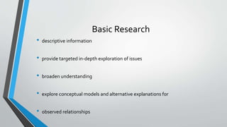 Basic Research
• descriptive information
• provide targeted in-depth exploration of issues
• broaden understanding
• explore conceptual models and alternative explanations for
• observed relationships
 
